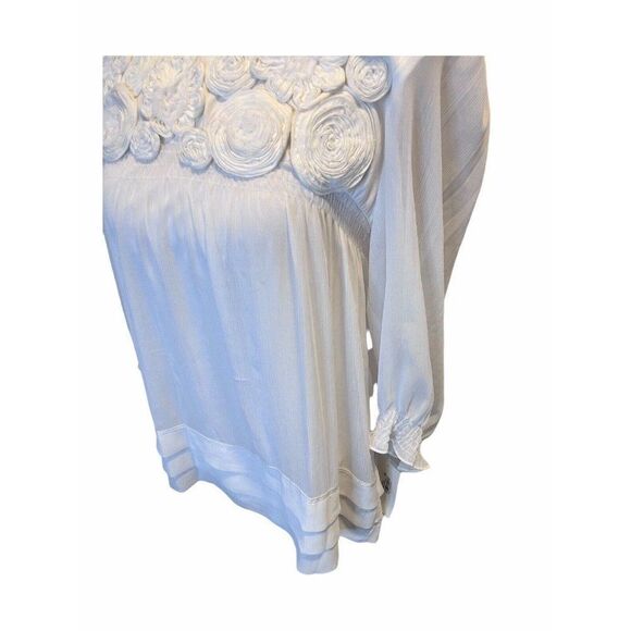 eci NY Womens Ivory Rosette Ribbon Neckline Sheer Triple Tier Bottom Blouse 10 - Picture 5 of 11